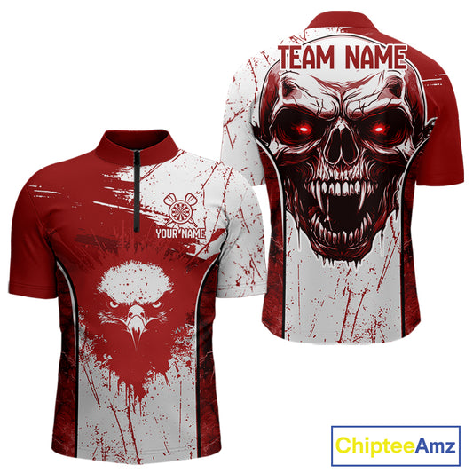 Personalized Eagle And Skull Grunge Red Dart 1/4-Zip Shirts For Men, Dart Team Jerseys NYN0791
