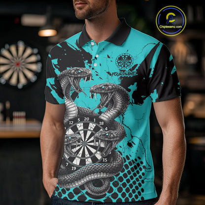 Black And Turquoise Multi Cobra Grunge Dartboard Custom Men Polo Darts Shirt Dart Gifts NYN2017