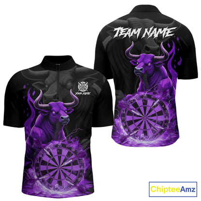 Purple Funny Bull Fire Flame Dartboard Custom Men Darts Quarter-Zip League Shirts Dart Jerseys NYN2243