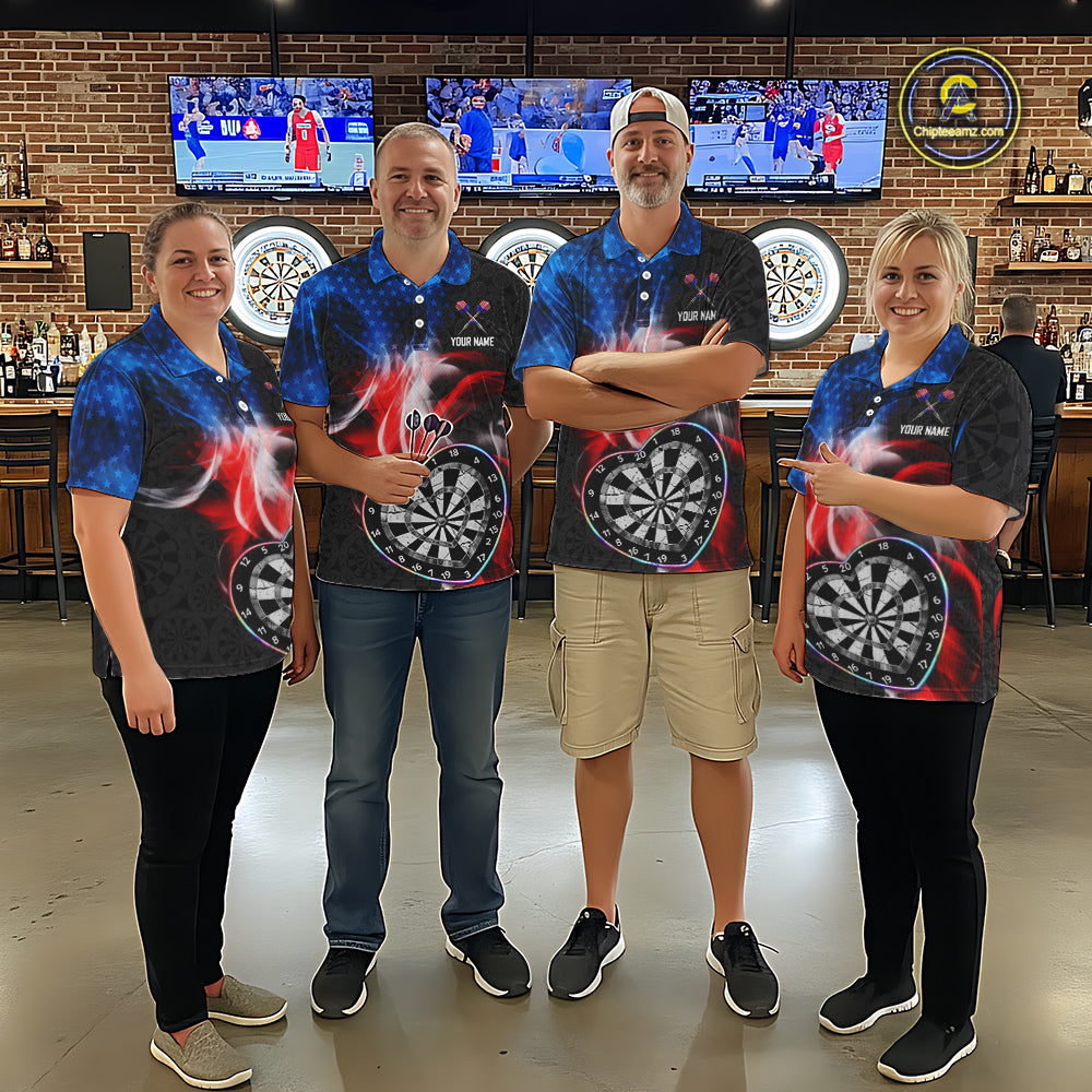 Smoke US Flag Colorful Heart Dartboard Women Darts Valentine Shirt Custom Dart 1/4-Zip Couple Gifts NYN2544