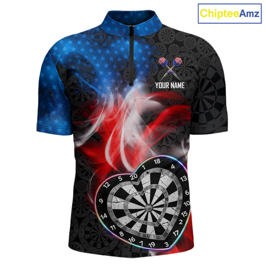 Smoke US Flag Colorful Heart Dartboard Men Darts Valentine Shirt Custom Dart 1/4-Zip Couple Gifts NYN2544