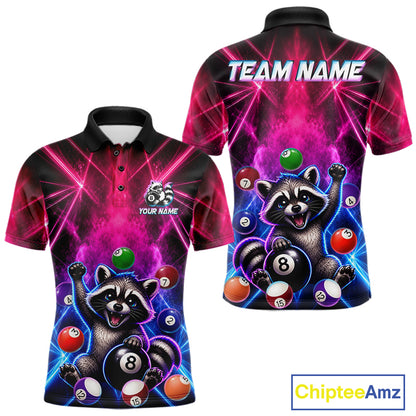 Funny raccoon 8 ball billiard polo shirt with pink and blue smoke design for men