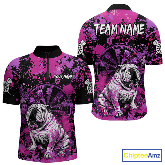 Custom Purple Splash Funny Bulldog Men Darts Quarter-Zip League Shirts Splatter Dart Team Jerseys NYN2254