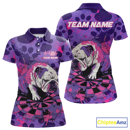 Pink & Purple Splatter Funny Lazy Bulldog Custom Women Darts Polo Shirts Dart League Jerseys NYN2256