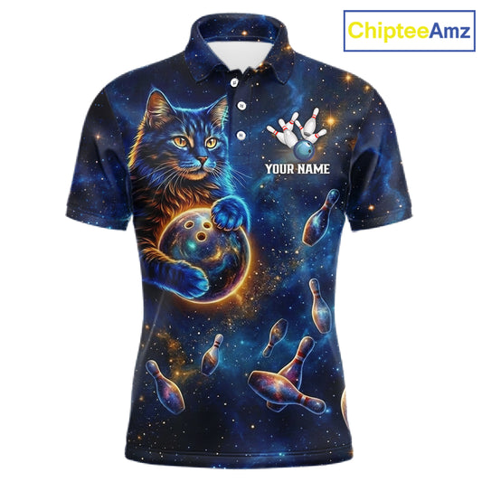 Custom Galaxy Blue Funny Cat Bowling Team Shirt Bowling Jersey Polo & 1/4 Zip Bowling Unisex For Men NYN3123