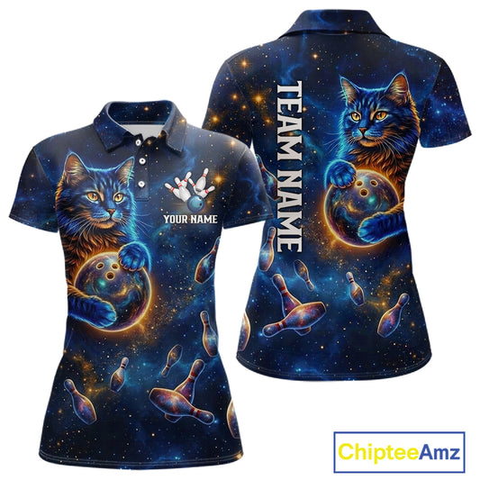 Custom Galaxy Blue Funny Cat Bowling Team Shirt Bowling Jersey Polo & 1/4 Zip Bowling Unisex For Women NYN3123