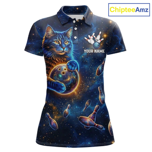 Custom Galaxy Blue Funny Cat Bowling Team Shirt Bowling Jersey Polo & 1/4 Zip Bowling Unisex For Women NYN3123