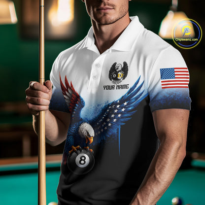 Grunge Blue Funny Eagle 8 Ball & 9 Ball Mens Billiard Shirts Custom Patriotic Billiard Team Attire NYN3307