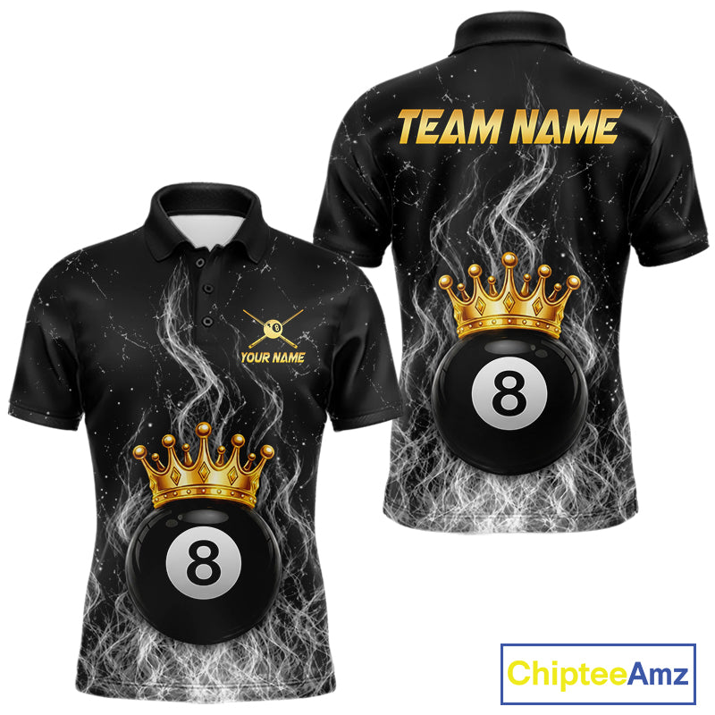 Personalized gold crown 8 ball billiard polo shirt for men with fire flame design