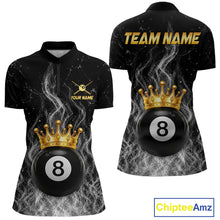 Load image into Gallery viewer, Personalized gold crown 8 ball billiard 1/4-zip shirt for women with fire flame design