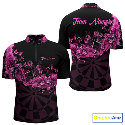 Black And Pink Flowers Smoke Butterflies Custom Men Darts Quarter-Zip Shirts Dart Team Jerseys NYN2261