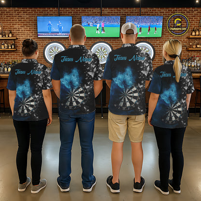 Custom Silver Butterfly Blue Smoking Grunge Dartboard Men Darts Quarter-Zip Shirts Dart Jerseys NYN2266