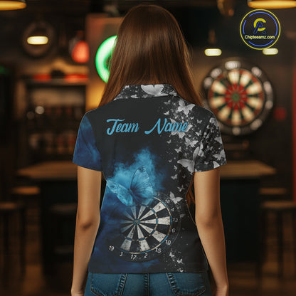 Custom Silver Butterfly Blue Smoking Grunge Dartboard Women Darts Polo Shirts Dart Jerseys NYN2266