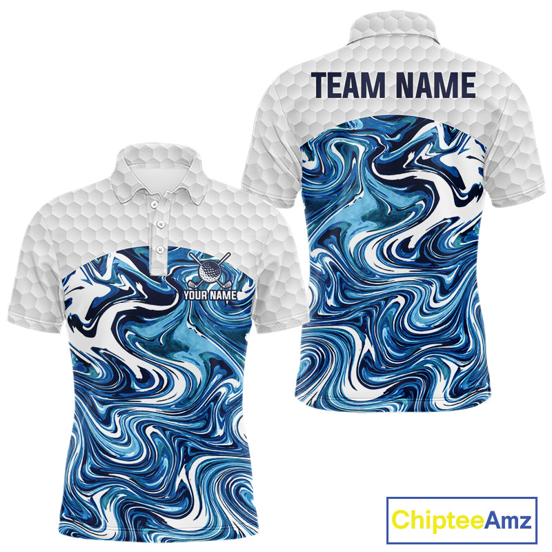 Mens Golf Clothing Blue Fluid Pattern Golf Polo Shirt Custom White Golf Ball Golf Upf Shirts NYN2929