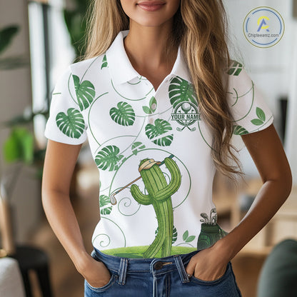 Women Green Monstera Pattern Golf Clothing Custom Cactus Golfer Funny Womens Golf Polo Shirt NYN2931