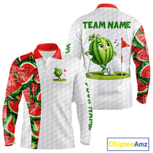 Load image into Gallery viewer, White shirt with watermelon-themed design and 'Team Name' text, featuring a cartoon watermelon character and golf elements.