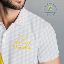 Load image into Gallery viewer, White shirt with yellow golf club design and 'Your Name' text on a gray background