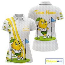 Load image into Gallery viewer, Golf-themed shirt with cartoon lemon character and customizable text on a white background