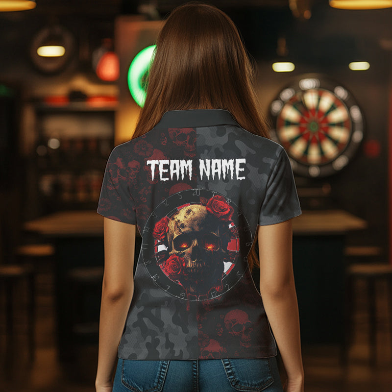 Red Rose Skulls And Dartboard Style Dart Shirts For Women, Custom Dart Jerseys NYN0028