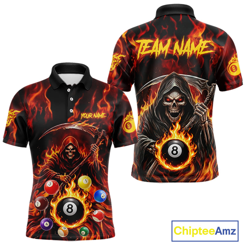 Grim Reaper 8 Ball Billiard Shirt For Men Custom Red Flames 8 Ball Pool Billiard Team Attire NYN3146