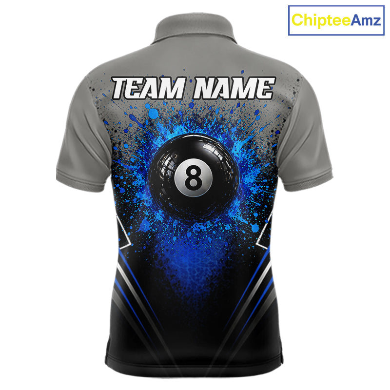 Personalized Grey And Blue Splatter 8 Ball Pool Billiard Shirt For Men Custom Billiard Team Jersey NYN3147