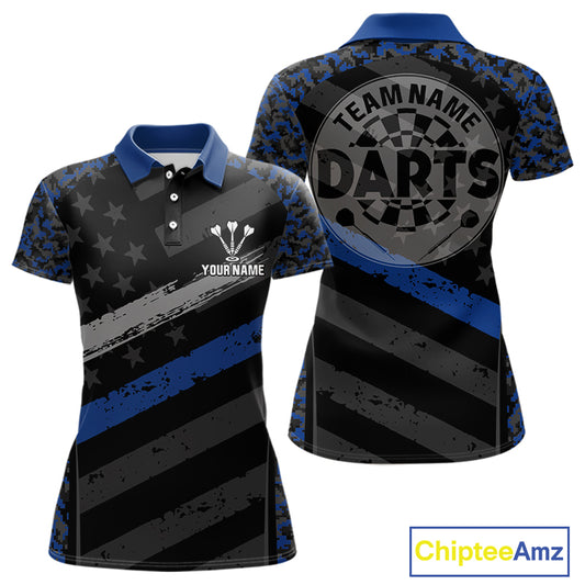Grey Darts & Azure Camo Pattern Darts Shirt For Women - Custom Team & Player Name NYN0360