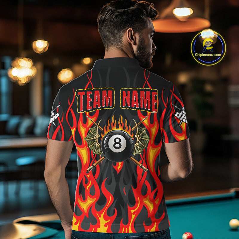 Red Flaming Pool 8 Ball Men Billiard Polo & Quarter-Zip Shirt Custom Billiard Team Jerseys NYN2285