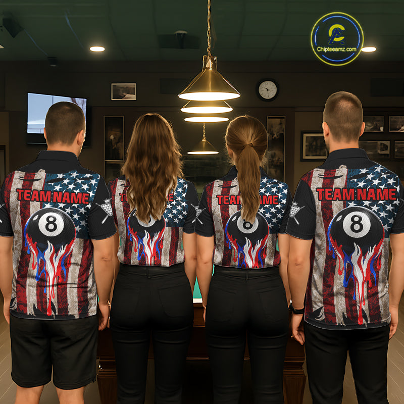 Grunge Dripping Pool 8 Ball Men Billiard Shirts Custom US Flag Patriotic Billiard Jerseys NYN2293