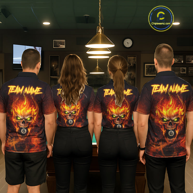 Orange Flaming Horror Skull 8 Ball Pool Women Billiard Polo & 1/4-Zip Shirt Custom Billiard Team Attire NYN2731