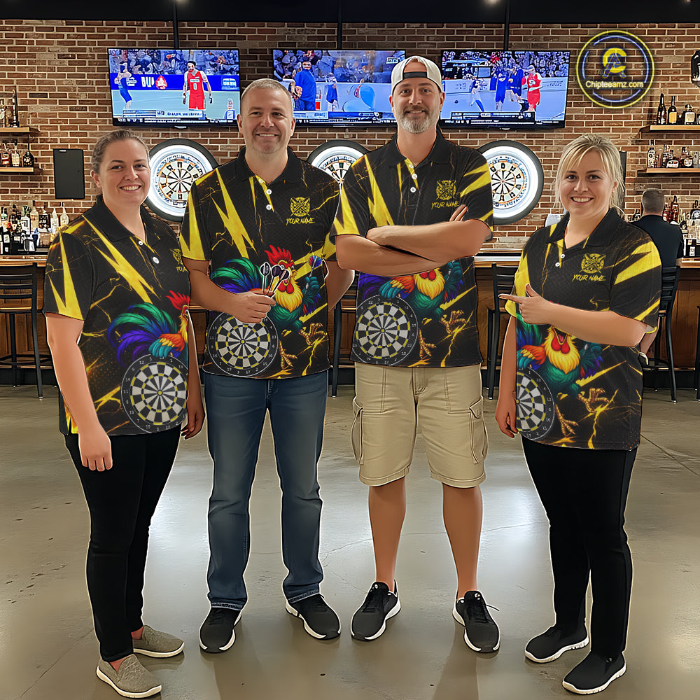 Funny Colorful Rooster Plays Darts Polo & Quarter Zip Shirt Custom Thunder Yellow Women Darts Jersey NYN2949