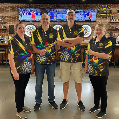 Funny Colorful Rooster Plays Darts Polo & Quarter Zip Shirt Custom Thunder Yellow Women Darts Jersey NYN2949