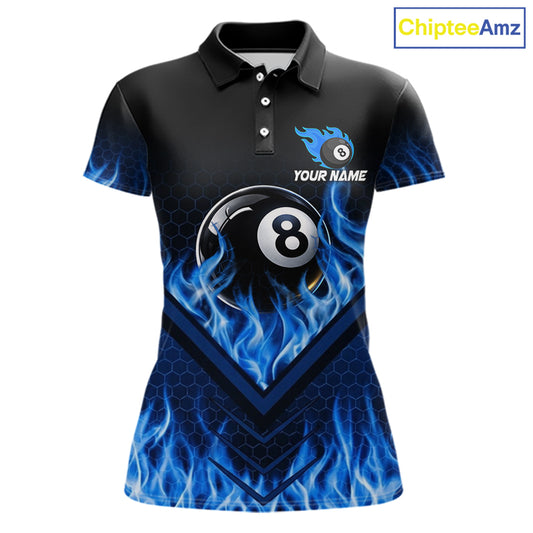 Blue Flaming Hexagon 8 Ball Billiard Pool Shirt For Women Custom Billiard Polo & 1/4 Zip Team Attire NYN3161