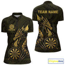 Load image into Gallery viewer, Gold tribal dragon darts 1/4-zip shirt for women custom dart team jersey