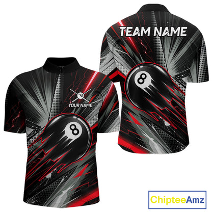 Thunder Red 8 Ball Strike Billiard Quarter-Zip Shirt For Men, Custom Pool League Uniform, Tournament Clothing