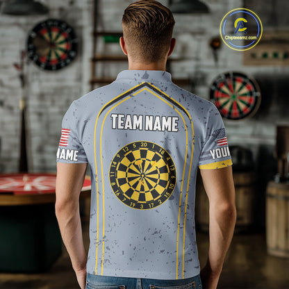 Custom Grey And Yellow US Flag Dartboard Dart Shirts For Men Patriotic Dart Team Jerseys NYN0042