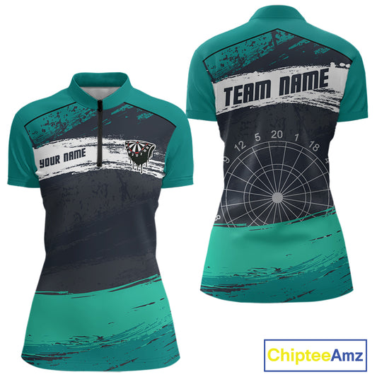 Custom Grunge Black And Turquoise Dripping Dartboard Dart Team Women Quarter-Zip Shirt NYN1548