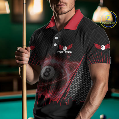 Black & Red Flaming 8 Ball Light Men's Billiard Shirts Personalized Billiard Team Attire NYN2329