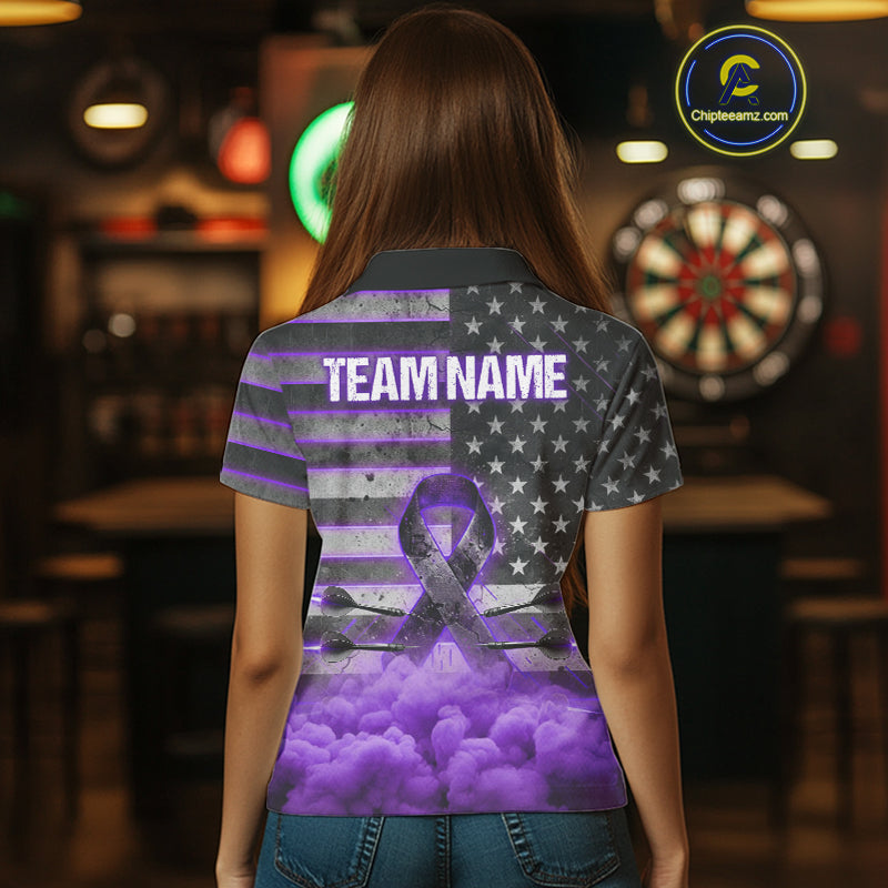 Purple Cloud Ribbon US Flag Dart Arrow Custom Breast Cancer Awareness Darts Women Polo Shirt NYN1816