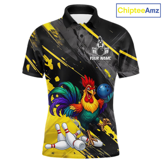 Personalized Colorful Funny Rooster Bowling Shirt For Men Yellow Grunge Bowling Team Jersey NYN3174