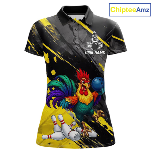 Personalized Colorful Funny Rooster Bowling Shirt For Women Yellow Grunge Bowling Team Jersey NYN3174