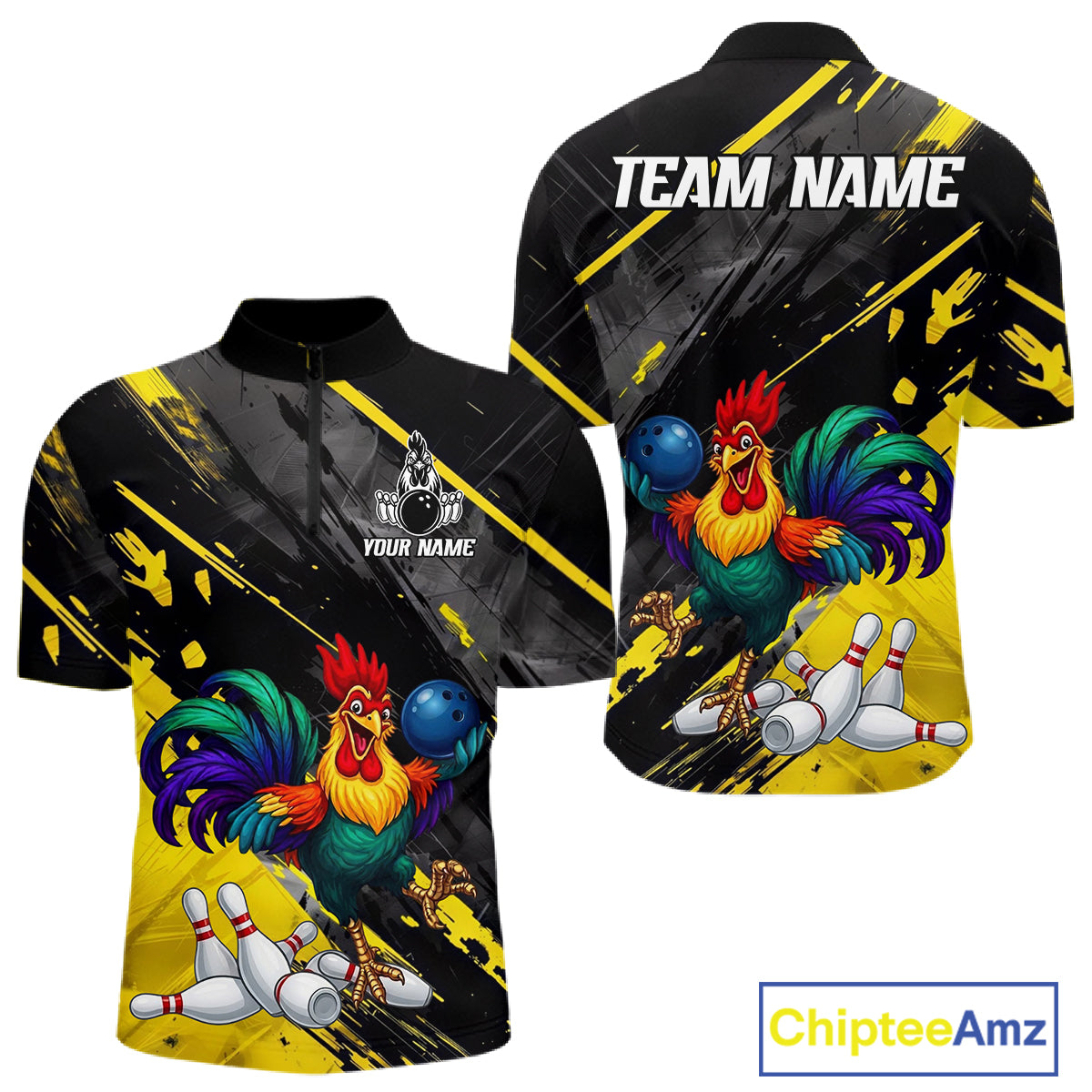Personalized Colorful Funny Rooster Bowling Shirt For Men Yellow Grunge Bowling Team Jersey NYN3174