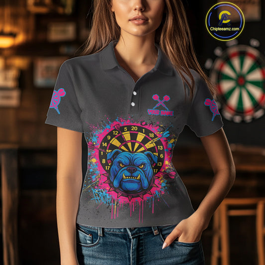 Custom Funny Bulldog Colorful Dartboard Darts Polo Shirt For Women Splatter Dart Jerseys NYN1826