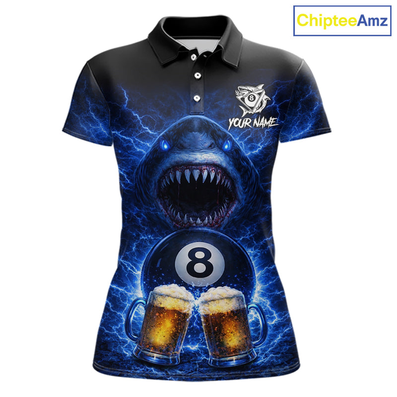 Blue Funny Lightning Shark Cheer Beers Pool 8 Ball Women Billiard Shirt Custom Ball Billiard Attire NYN2613