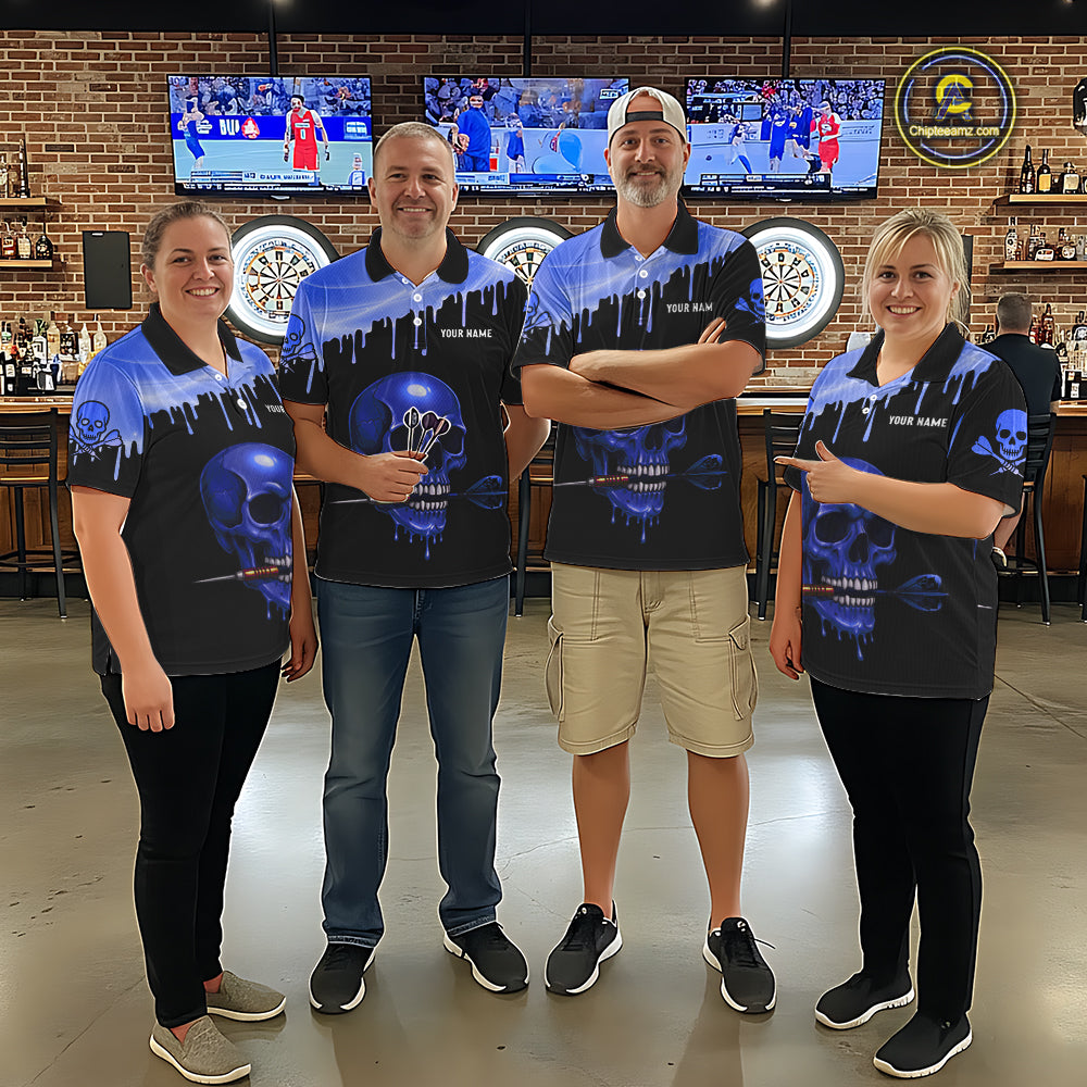 Custom Holographic Blue Skull Darts Shirt Polo For Women Light Skull Dart League Jerseys NYN2111