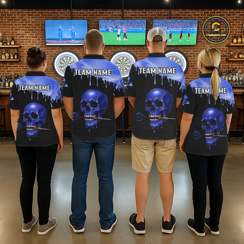 Custom Holographic Blue Skull Darts Shirt Polo For Women Light Skull Dart League Jerseys NYN2111