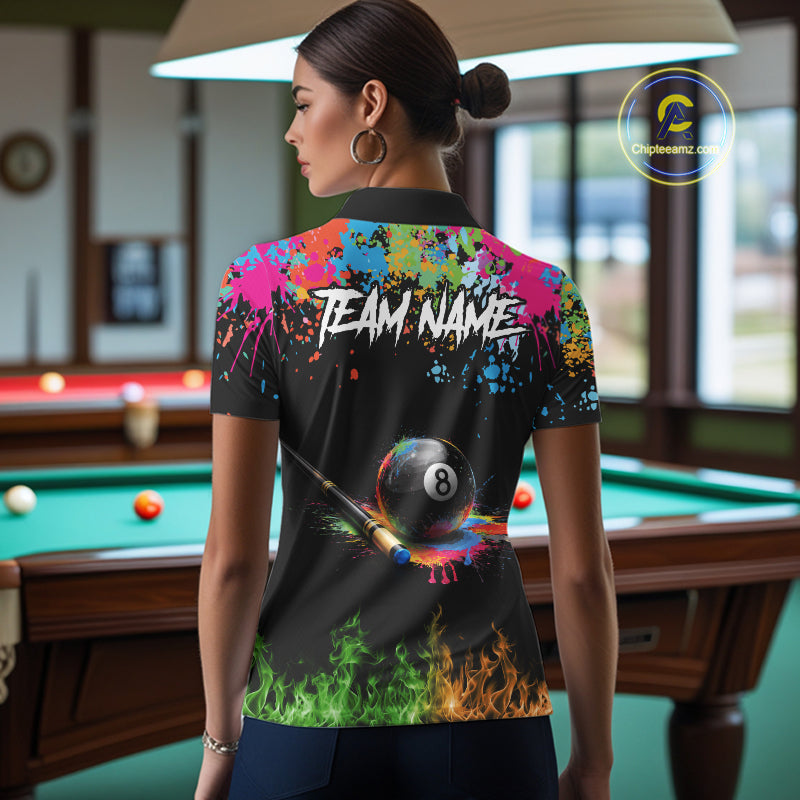 Colorful Paint & Flame 8 Ball Billiard Shirt For Women Personalized Cue Billiard Team Shirt NYN2334
