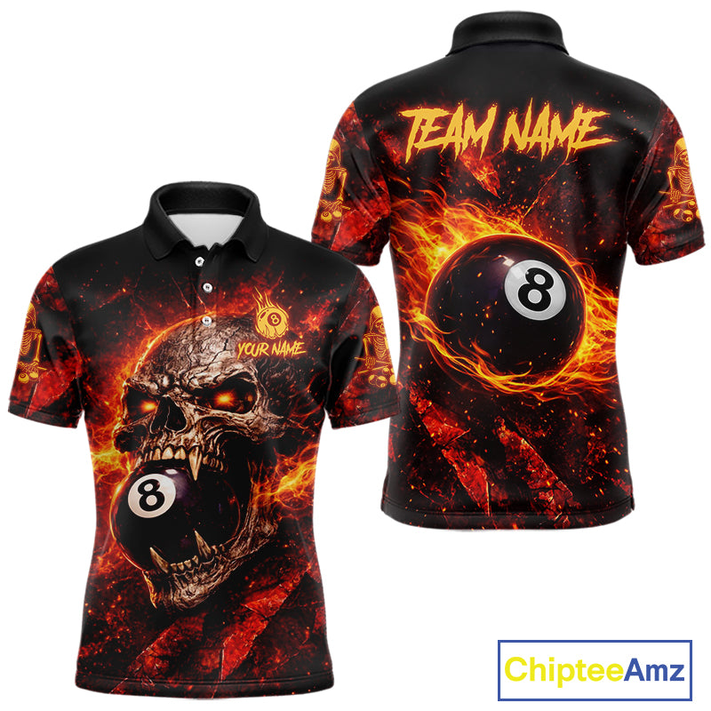 Cracked Soil Skull Red Flames Pool 8 Ball Men Billiard Polo & 1/4-Zip Shirt Custom Billiard Attire NYN2627