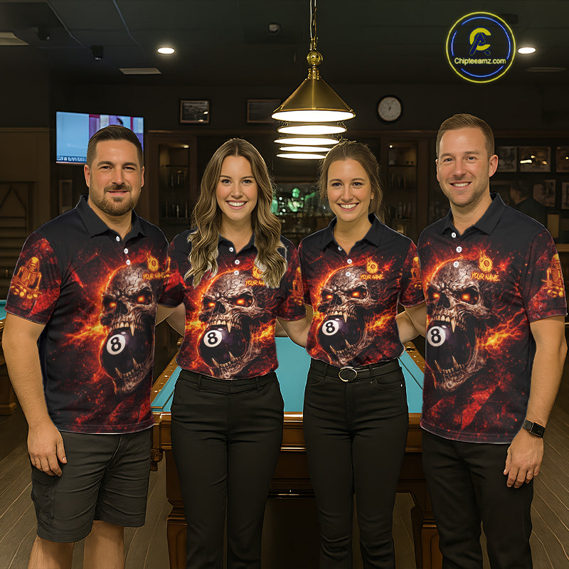 Cracked Soil Skull Red Flames Pool 8 Ball Women Billiard Polo & 1/4-Zip Shirt Custom Billiard Attire NYN2627