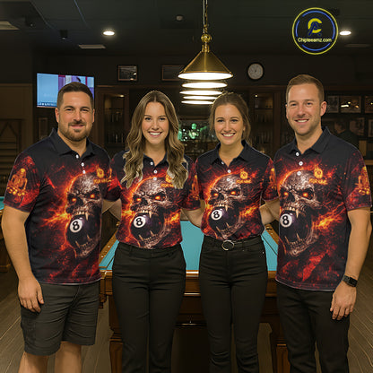 Cracked Soil Skull Red Flames Pool 8 Ball Women Billiard Polo & 1/4-Zip Shirt Custom Billiard Attire NYN2627