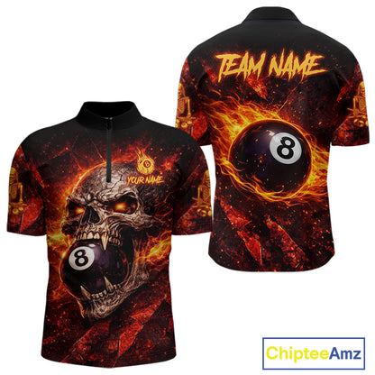 Cracked Soil Skull Red Flames Pool 8 Ball Men Billiard Polo & 1/4-Zip Shirt Custom Billiard Attire NYN2627